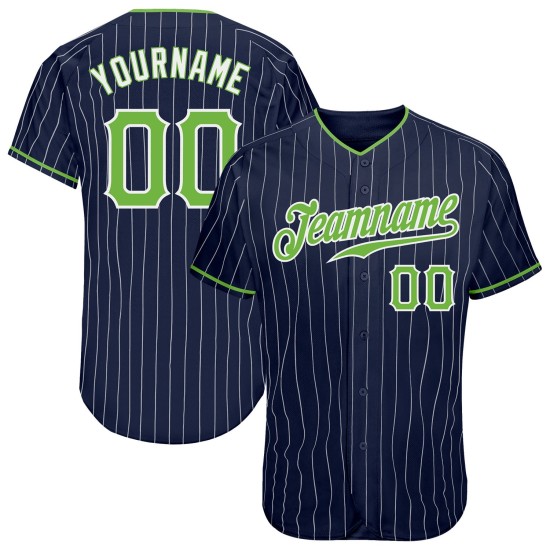 Maillot de baseball authentique bleu marine fluo à rayures blanches, vert et blanc, personnalisé Maillot de baseball authentique bleu marine fluo à rayures blanches, vert et blanc, personnalisé