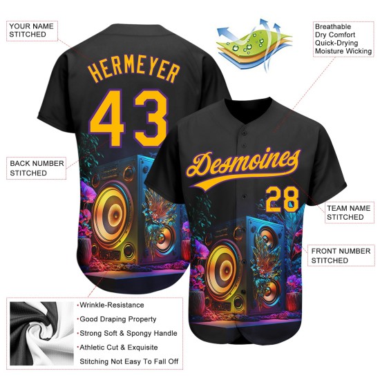 Haut-parleur de musique vintage, design authentique, motif 3D personnalisé, festival de baseball, or et violet Haut-parleur de musique vintage, design authentique, motif 3D personnalisé, festival de baseball, or et violet