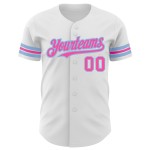 Maillot de baseball bleu personnalisé rose-blanc clair authentique Maillot de baseball bleu personnalisé rose-blanc clair authentique