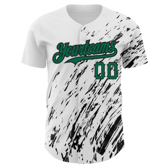 Maillot de baseball blanc Kelly personnalisé vert-noir à motif abstrait 3D Splash authentique Maillot de baseball blanc Kelly personnalisé vert-noir à motif abstrait 3D Splash authentique