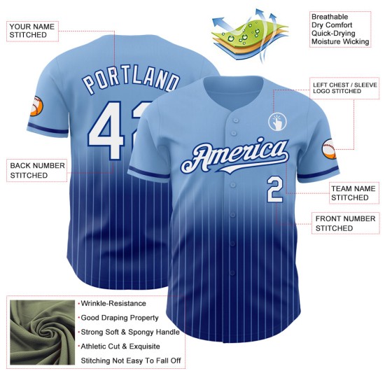 Maillot de baseball bleu à rayures blanches et royales, authentique et léger Maillot de baseball bleu à rayures blanches et royales, authentique et léger