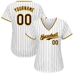 Maillot de baseball à rayures fines personnalisé blanc authentique marron-or Maillot de baseball à rayures fines personnalisé blanc authentique marron-or