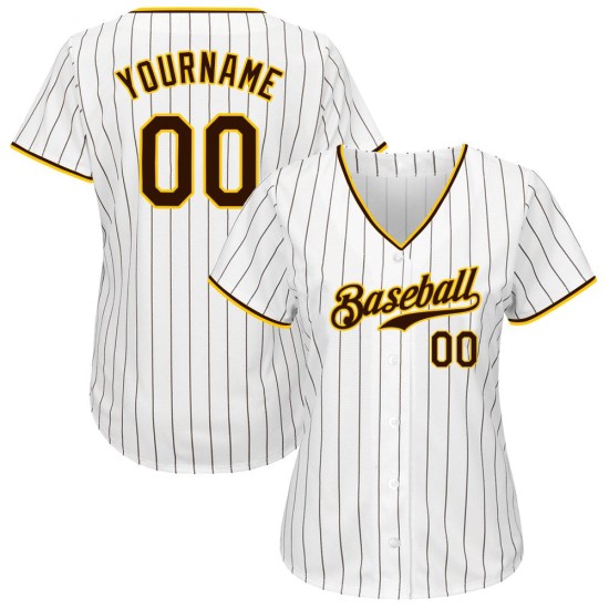 Maillot de baseball à rayures fines personnalisé blanc authentique marron-or Maillot de baseball à rayures fines personnalisé blanc authentique marron-or
