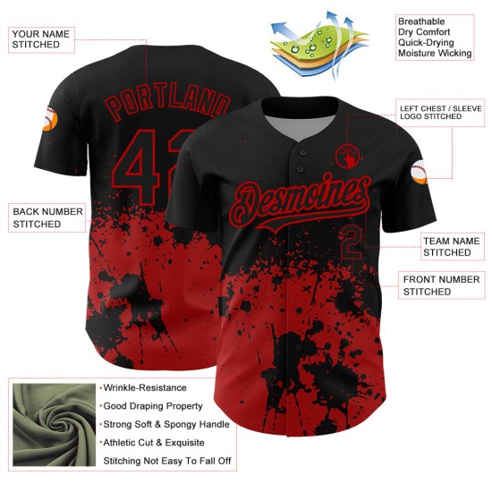 Maillot de baseball 3D authentique motif grunge abstrait rouge et noir Maillot de baseball 3D authentique motif grunge abstrait rouge et noir