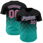 Maillot de baseball dégradé rose-aqua, design néon 3D personnalisé, formes noires authentiques carrées Maillot de baseball dégradé rose-aqua, design néon 3D personnalisé, formes noires authentiques carrées