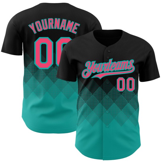 Maillot de baseball dégradé rose-aqua, design néon 3D personnalisé, formes noires authentiques carrées Maillot de baseball dégradé rose-aqua, design néon 3D personnalisé, formes noires authentiques carrées