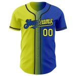 Maillot de baseball bleu fluo dégradé jaune-noir Thunder personnalisé et authentique Maillot de baseball bleu fluo dégradé jaune-noir Thunder personnalisé et authentique