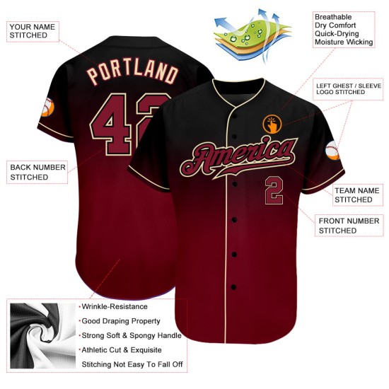 Maillot de baseball tendance Fade, couleur cramoisi-crème, personnalisé, noir, authentique Maillot de baseball tendance Fade, couleur cramoisi-crème, personnalisé, noir, authentique
