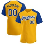 Maillot de baseball personnalisé Gold Authentic à manches raglan bleu royal et blanc Maillot de baseball personnalisé Gold Authentic à manches raglan bleu royal et blanc