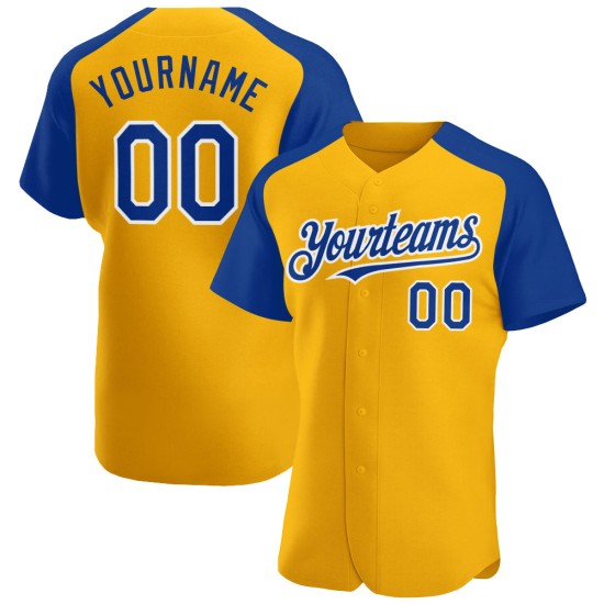Maillot de baseball personnalisé Gold Authentic à manches raglan bleu royal et blanc Maillot de baseball personnalisé Gold Authentic à manches raglan bleu royal et blanc