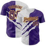 Maillot de baseball à gratter authentique 3D personnalisé motif graffiti violet-or Maillot de baseball à gratter authentique 3D personnalisé motif graffiti violet-or