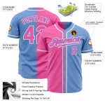 Maillot de baseball bleu dégradé tendance personnalisé rose-blanc authentique clair Maillot de baseball bleu dégradé tendance personnalisé rose-blanc authentique clair
