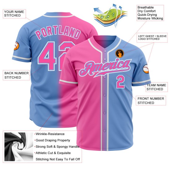 Maillot de baseball bleu dégradé tendance personnalisé rose-blanc authentique clair Maillot de baseball bleu dégradé tendance personnalisé rose-blanc authentique clair