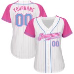 Maillot de baseball personnalisé à rayures blanches et bleues, manches raglan rose clair Maillot de baseball personnalisé à rayures blanches et bleues, manches raglan rose clair
